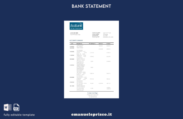modello word di estratto conto bancario Niger Ecobank in stile verificato